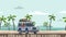 Animated car with luggage on the roof and smiling guy behind the wheel riding on the beach. Moving vehicle on seascape