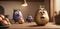 An animated cartoon group of smiling potatoes on a wooden table