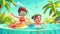 Animated cartoon landing page template for a resort website featuring happy children swimming and playing in a pool