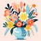 Animated cartoon style image of a charming vase overflowing with vibrant, whimsical flowers