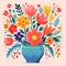 Animated cartoon style image of a charming vase overflowing with vibrant, whimsical flowers