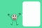 Animated character from a pebble with a happy face and a big memo on green paper background