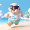 Animated character swimwear on beach with Happy 60th Birthday Dad sign. Celebration humor concept