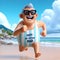 Animated character swimwear on beach with Happy 60th Birthday Dad sign. Celebration humor concept