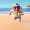 Animated character swimwear on beach with Happy 60th Birthday Dad sign. Celebration humor concept