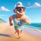 Animated character swimwear on beach with Happy 60th Birthday Dad sign. Celebration humor concept