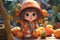 animated child in orange outfit with pumpkins and oranges