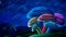 Animated Colorful mushroom illustration with snowy blue night sky and starry night sky, Ultra HD 4K looping video.