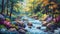 Animated colorful stream flowing through forest diverse flora bright