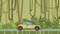 Animated coupe car with luggage on the rear hood riding through rainforest. Moving hatchback on jungle and river