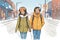 animated couple sharing headphones, walking on snowy sidewalk