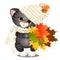 Animated cute grey kitten in a warm knitted hat with pompom holding in paws a bundle of colorful dried leaves of trees
