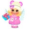 Animated cute little girl in winter clothes with knitted cap with pink pompom and angel wings holds a box with her