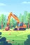 Animated excavator in a serene forest setting.