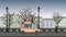 Animated food truck riding through autumn city. Moving vehicle on landscape background. Flat animation.