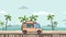 Animated food truck riding on the beach. Moving vehicle on seascape, side view. Flat animation.