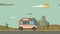 Animated food truck riding through canyon desert. Moving vehicle on landscape background. Flat animation.