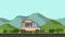 Animated food truck riding through green valley. Moving vehicle on rural landscape background. Flat animation.