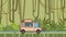 Animated food truck riding through tropical rainforest. Moving vehicle on jungle river background. Flat animation.