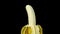 Animated footage of a half peeled banana turning against black background