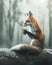 An animated fox enjoying a peaceful coffee moment on a misty forest morning, painted in ethereal watercolors