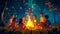 Animated friends enjoy a magical campfire surrounded by a luminescent forest