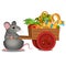 Animated gray mouse carries a wooden cart with a harvest of ripe vegetables and straw goat isolated on white background