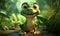 Animated green gecko character in the jungle, AI-generated.