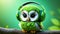 animated green owlet wearing green headphones on tree branch, blurred leaves in background. Concepts: music in nature