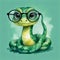 animated green snake adjusting reading glasses with tail against green background. concepts: kids' eyewear