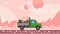 Animated green truck with boxes in the trunk riding through alien planet desert. Moving heavy car on pink mountain