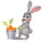 Animated grey hare and steel bucket filled with ripe carrots isolated on white background. Vector cartoon close-up