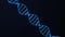 Animated hologram of blue glowing rotating DNA double helix on black background.
