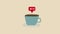 Animated illustration in cartoon doodle style of blue cup of hot coffee growing number of likes on social media heart symbol