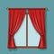 animated illustration design of red curtains with windows on a blue background