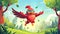 Animated illustration of a super hero canary character in a red costume and mask flying through a summer woods landscape