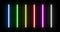 Animated Light saber blue, green, yellow, red, violet, white beams on black background. Light sword with fire force. Warrior