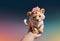 Animated little fantastic baby lion with pink flower on its head stands on the artist\\\'s hand