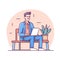 Animated male character sitting bench using laptop, casual clothing, smiling, professional vibe