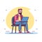 Animated male character working laptop, focused adult sitting desk. Man beard, glasses