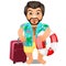 Animated male tourist with a suitcase and a lifeline isolated on white background. Vector cartoon close-up illustration.