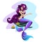 animated mermaid with purple hair sitting on a stone isolated on white background. Beautiful mythical women. Vector