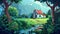 Animated modern cartoon illustration of a summer landscape with a forest and village house, and a puddle in the garden