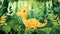 Animated modern illustration of a cute diplodocus in a jungle with green plants. Baby dinosaur in a prehistoric forest