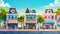 Animated modern illustration of modern street in European town with cafe and shop buildings.