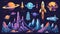 Animated modern illustration showing spaceship, rocket, asteroids, and planets in a dark starry galaxy. Useful for