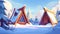 An animated modern landscape with wood triangular houses for winter woodland camping and recreation. A cozy snowy