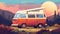 Animated motorcycle cartoon. Vintage rv bus trailer for summer trip. Retro family vehicle illustration. Family camp