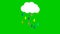 Animated multi-colored drops of rain from cloud. Looped video. It`s raining colorful. Vector illustration on green background