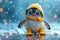 An animated penguin character in yellow boots. 3d illustration